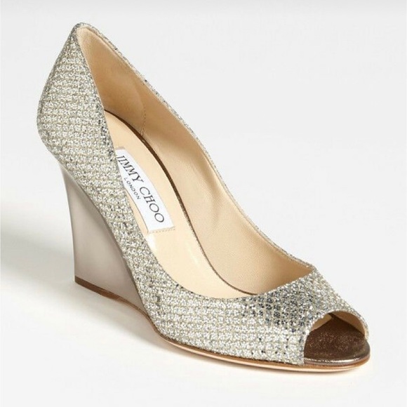 Jimmy Choo Shoes - Jimmy Choo Baxen Lame Glitter Silver/Gold Peep Toe Metallic Wedge Heels